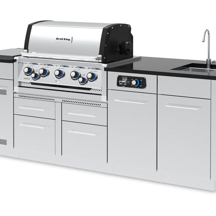 Broil King 8-Foot Outdoor Kitchen Island with Imperial QS 590i 5-Burner Gas Grill, Rotisserie, Side Burner, Sink & iQue™ Technology Control