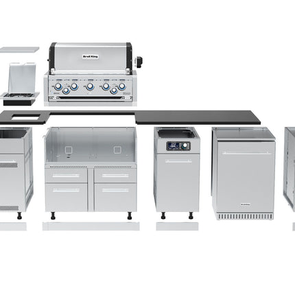 Broil King 9-Foot Outdoor Kitchen Island with Imperial QS 590i 5-Burner Gas Grill, Rotisserie, Side Burner, Refrigerator & iQue™ Technology Control
