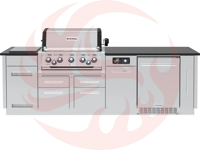 Broil King 9-Foot Outdoor Kitchen Island with Imperial QS 590i 5-Burner Gas Grill, Rotisserie, Side Burner, Refrigerator & iQue™ Technology Control - Phoenix Fire Art Store
