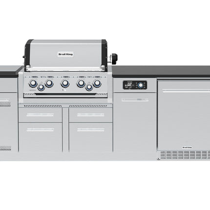 Broil King 9-Foot Outdoor Kitchen Island with Imperial QS 590i 5-Burner Gas Grill, Rotisserie, Side Burner, Refrigerator & iQue™ Technology Control