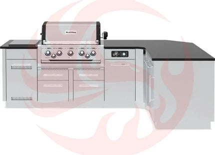 Broil King 111 x 70-Inch Outdoor Kitchen Island with Imperial QS 590i 5-Burner Gas Grill, Rotisserie, Side Burner, Refrigerator & iQue™ Technology Control - Phoenix Fire Art Store