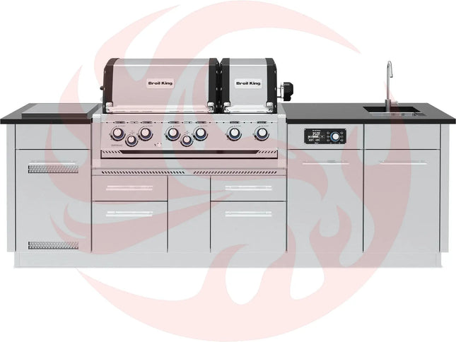 Broil King 8 1/2-Foot Outdoor Kitchen Island with Imperial QS 690i 6-Burner Gas Grill, Rotisserie, Side Burner, Sink & iQue™ Technology Control (Left Orientation) - Phoenix Fire Art Store