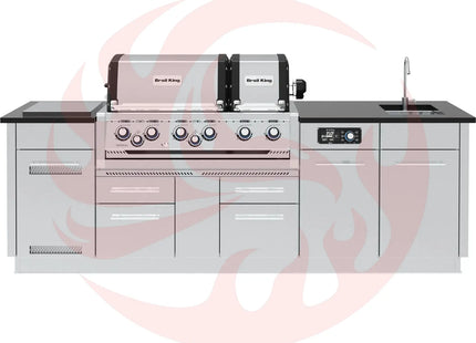 Broil King 8 1/2-Foot Outdoor Kitchen Island with Imperial QS 690i 6-Burner Gas Grill, Rotisserie, Side Burner, Sink & iQue™ Technology Control (Left Orientation) - Phoenix Fire Art Store