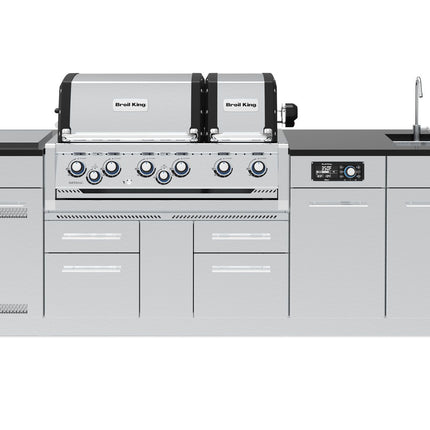 Broil King 8 1/2-Foot Outdoor Kitchen Island with Imperial QS 690i 6-Burner Gas Grill, Rotisserie, Side Burner, Sink & iQue™ Technology Control (Left Orientation)