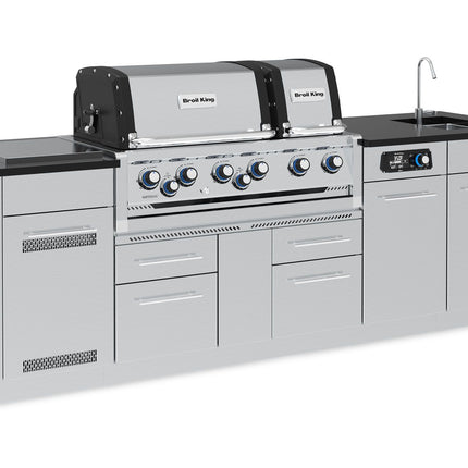 Broil King 8 1/2-Foot Outdoor Kitchen Island with Imperial QS 690i 6-Burner Gas Grill, Rotisserie, Side Burner, Sink & iQue™ Technology Control (Left Orientation)