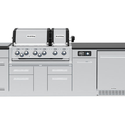 Broil King 9 3/4-Foot Outdoor Kitchen Island with Imperial QS 690i 6-Burner Gas Grill, Rotisserie, Side Burner, Refrigerator & iQue™ Technology Control