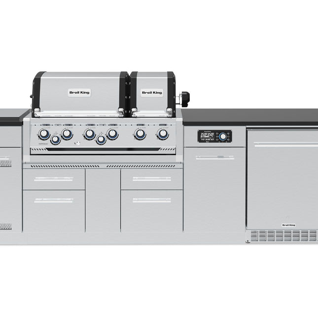 Broil King 9 3/4-Foot Outdoor Kitchen Island with Imperial QS 690i 6-Burner Gas Grill, Rotisserie, Side Burner, Refrigerator & iQue™ Technology Control