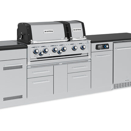 Broil King 9 3/4-Foot Outdoor Kitchen Island with Imperial QS 690i 6-Burner Gas Grill, Rotisserie, Side Burner, Refrigerator & iQue™ Technology Control