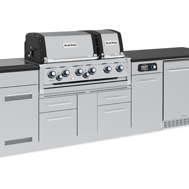 Broil King 9 3/4-Foot Outdoor Kitchen Island with Imperial QS 690i 6-Burner Gas Grill, Rotisserie, Side Burner, Refrigerator & iQue™ Technology Control