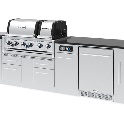 Broil King 9 3/4-Foot Outdoor Kitchen Island with Imperial QS 690i 6-Burner Gas Grill, Rotisserie, Side Burner, Refrigerator & iQue™ Technology Control