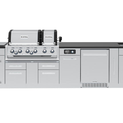 Broil King 11-Foot Outdoor Kitchen Island with Imperial QS 690i 6-Burner Gas Grill, Rotisserie, Side Burner, Sink, Refrigerator & iQue™ Technology Control