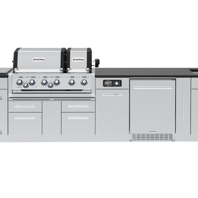 Broil King 11-Foot Outdoor Kitchen Island with Imperial QS 690i 6-Burner Gas Grill, Rotisserie, Side Burner, Sink, Refrigerator & iQue™ Technology Control