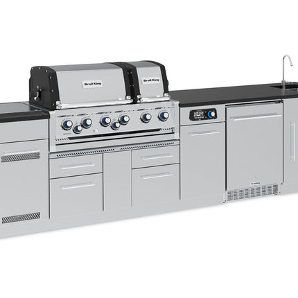 Broil King 11-Foot Outdoor Kitchen Island with Imperial QS 690i 6-Burner Gas Grill, Rotisserie, Side Burner, Sink, Refrigerator & iQue™ Technology Control