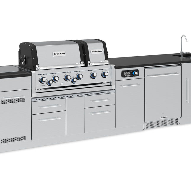 Broil King 11-Foot Outdoor Kitchen Island with Imperial QS 690i 6-Burner Gas Grill, Rotisserie, Side Burner, Sink, Refrigerator & iQue™ Technology Control