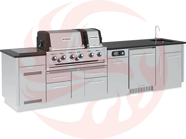 Broil King 11-Foot Outdoor Kitchen Island with Imperial QS 690i 6-Burner Gas Grill, Rotisserie, Side Burner, Sink, Refrigerator & iQue™ Technology Control - Phoenix Fire Art Store