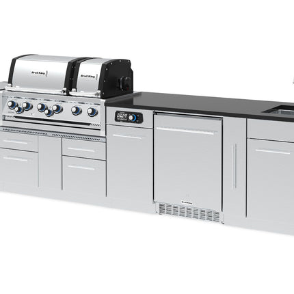 Broil King 11-Foot Outdoor Kitchen Island with Imperial QS 690i 6-Burner Gas Grill, Rotisserie, Side Burner, Sink, Refrigerator & iQue™ Technology Control