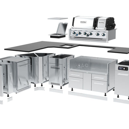 Broil King 70 x 118-Inch Outdoor Kitchen Island with Imperial QS 690i 6-Burner Gas Grill, Rotisserie, Side Burner, Refrigerator & iQue™ Technology Control