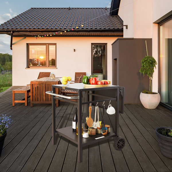 Outdoor Multifunctional Foldable, Portable, Modular Iron Table Top BBQ Grill Dining Cart With Double-Shelf