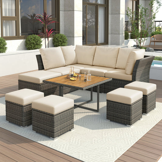 10 Piece Outdoor Wood Coffee Table Furniture Set, W/ Ottomans