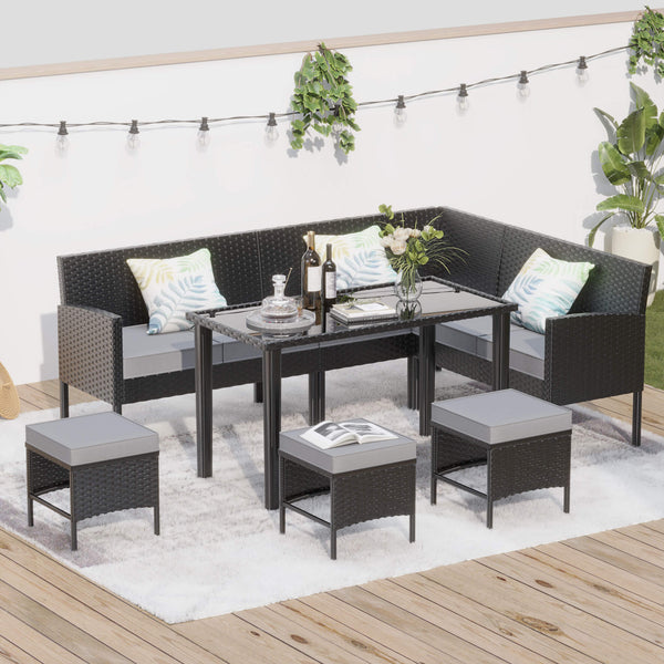 Alora 7-Piece Modern Outdoor Patio Furniture Set With Waterproof Cushions & Glass Table (SAK55673)