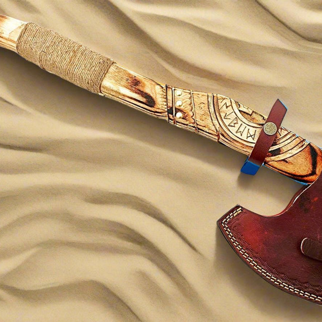 Norse Axe with Custom Handmade Forged 1095 Steel Blade and Hand Engraved Ash Wood Handle – Odin’s Edge