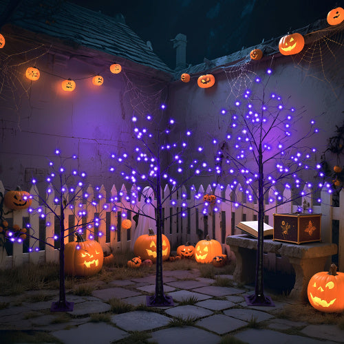 3 Pack Halloween Spooky Tree with Purple Lights, 4FT 5FT And 6FT, Lighted Black Tree for Halloween Decoration