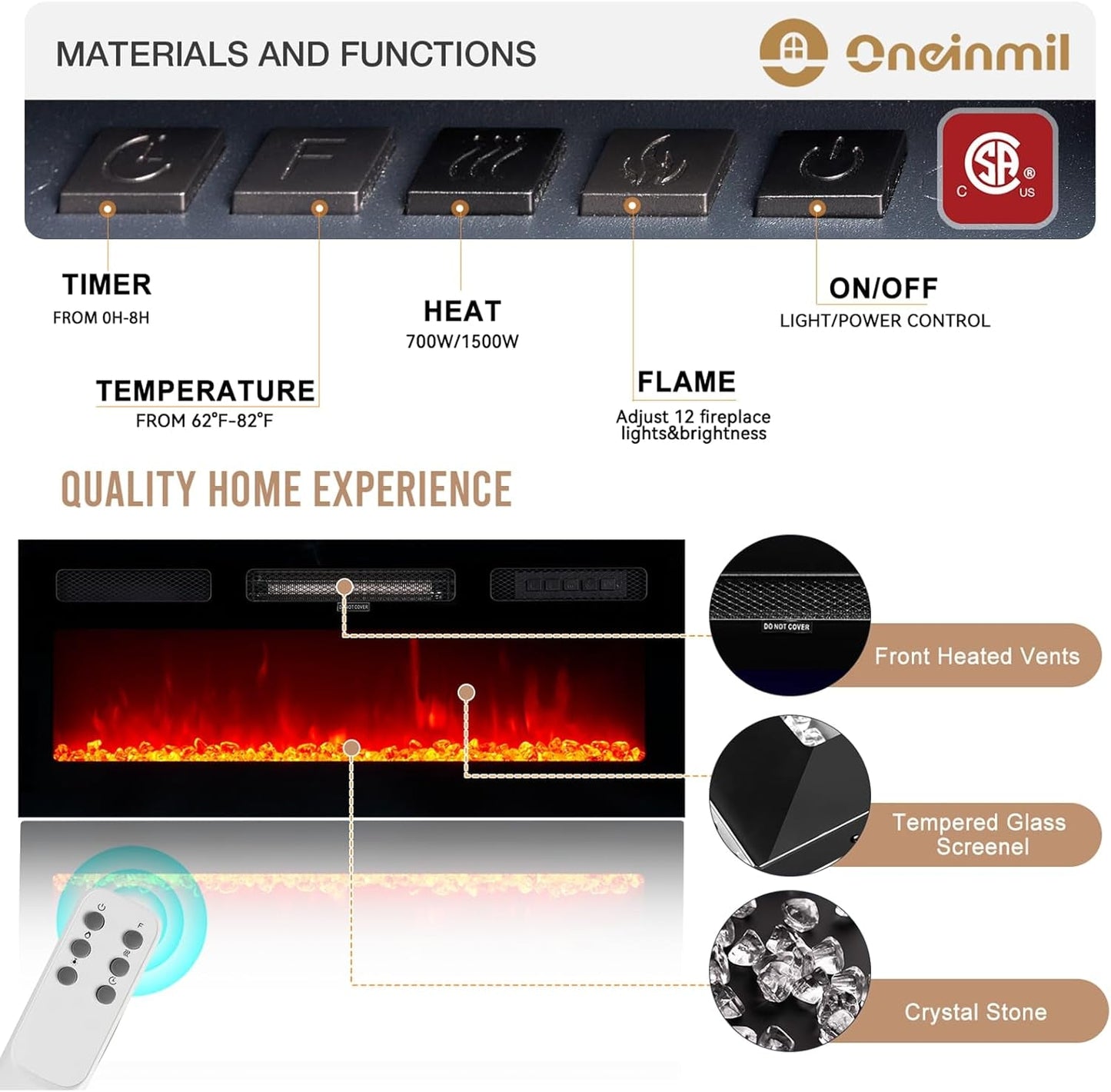 80" Modern Electric Fireplace TV Stand for TV's up to 90 Inch, with LED Lights & Cabinet, Luxury High Gloss Finish, Black
