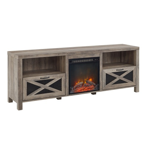 Industrial Farmhouse Metal Mesh Drop-Down X-Door Fireplace TV Stand For TVs - Grey Wash - Phoenix Fire Art Store