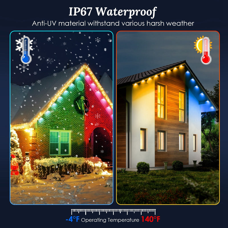 101FT Length Permanent Outdoor Lights With 72Pcs RGB Beads IP67 Waterproof Smart Eave Light For Halloween Christmas Daily House Lighting Works With Alexa Google Assistant