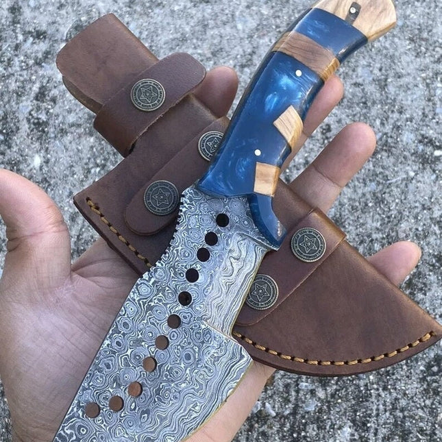 Raindrops Pattern Damascus Steel Handmade Tom Brown Tracker Knife with Epoxy Resin Handle - 10 Inches Overall Length