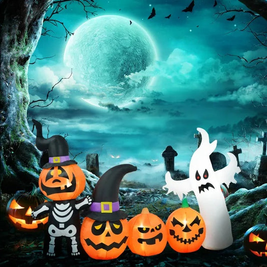 Inflatable Halloween Decoration - Long Pumpkins Row with Ghost
