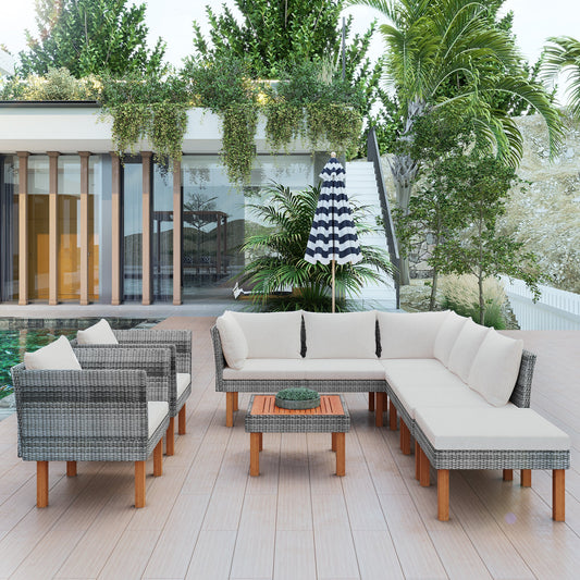 9-Piece Outdoor Gray PE Rattan Wicker Sofa Set