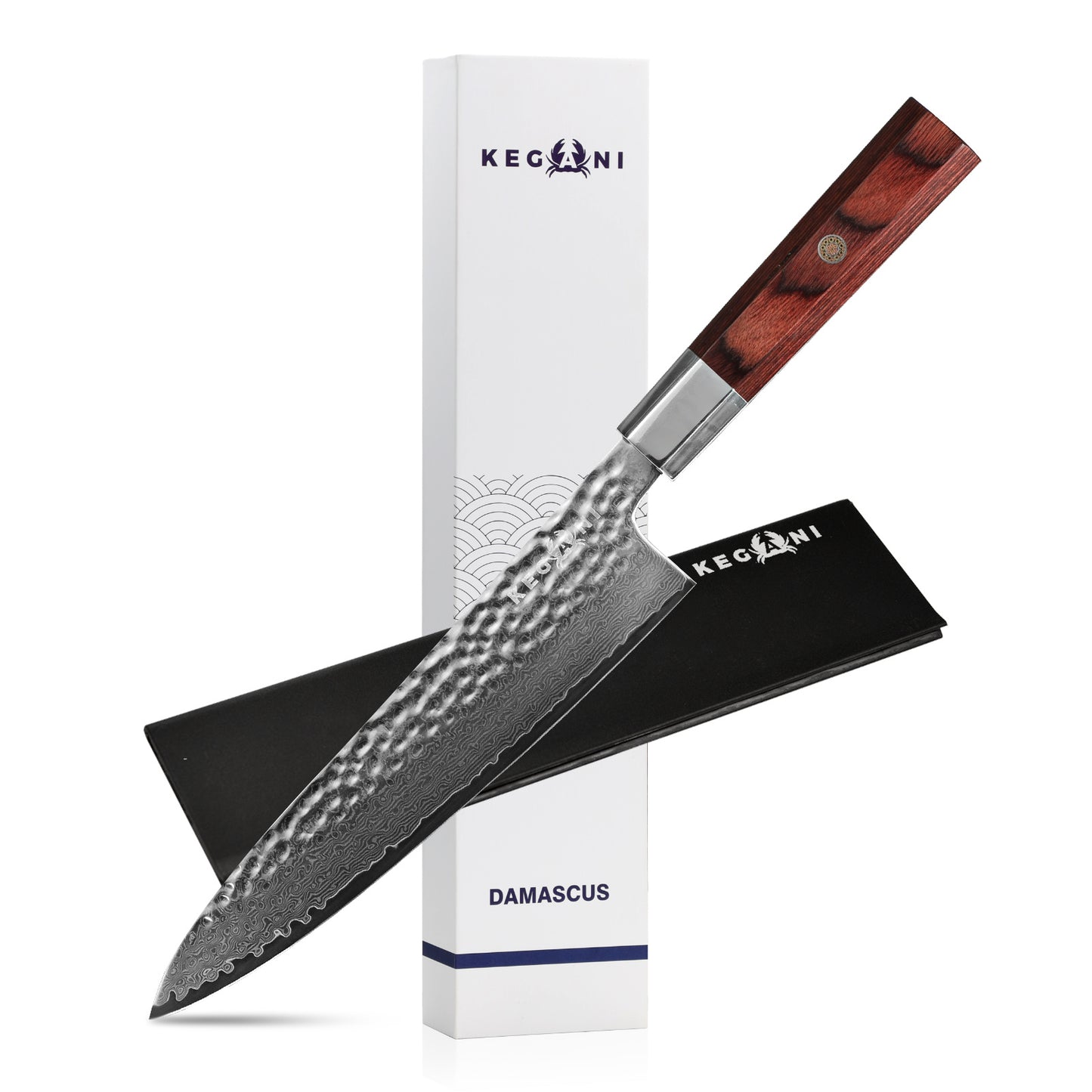 Kegani Damascus Japanese Chef Knife, 67 Layer VG-10 Natural Hammered with Rosewood Handle - Phoenix Fire Art Store