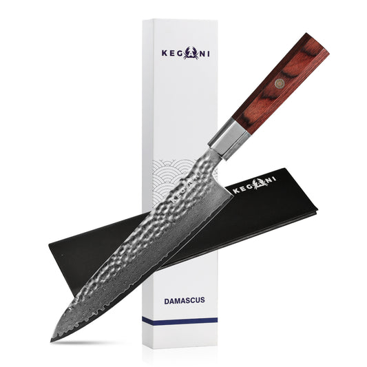 Kegani Damascus Japanese Chef Knife, 67 Layer VG-10 Natural Hammered with Rosewood Handle - Phoenix Fire Art Store