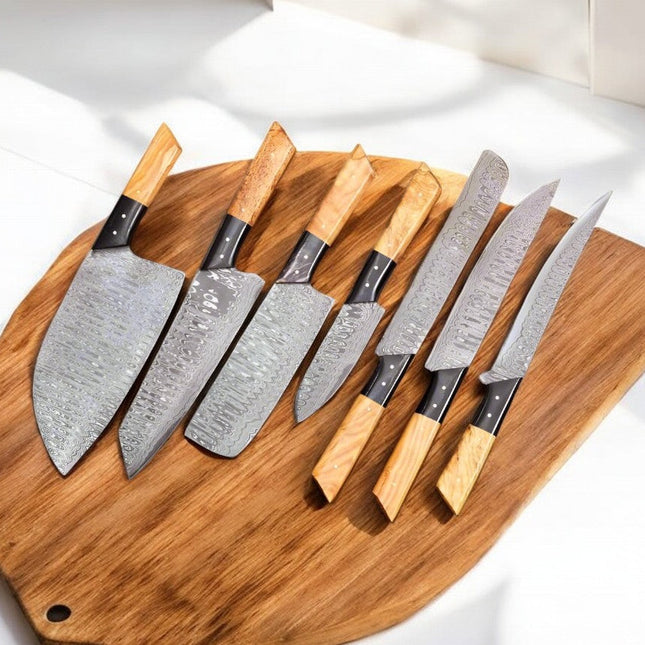 Custom Handmade Damascus Knife Set with Olivewood Handles