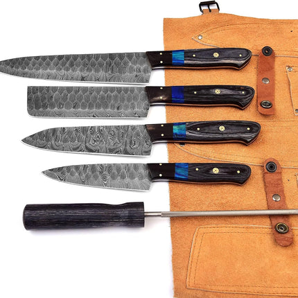 Custom Handmade Damascus Kitchen Knife Set with Sharpener