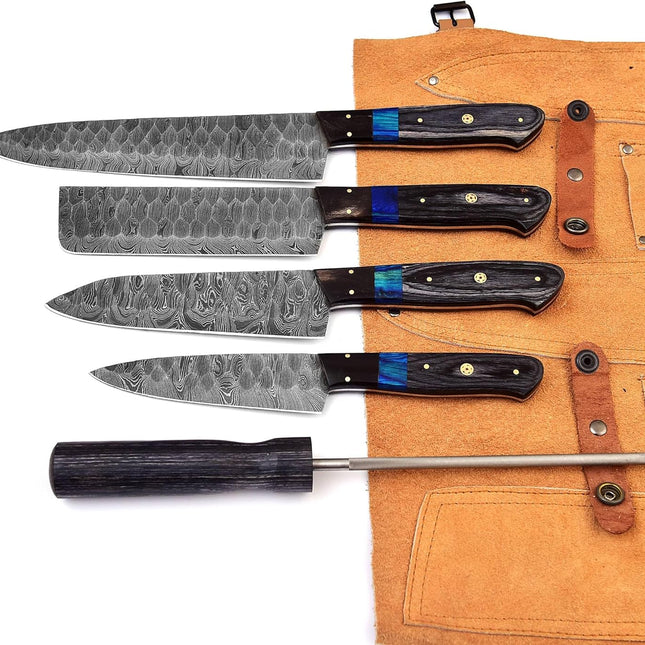 Custom Handmade Damascus Kitchen Knife Set with Sharpener