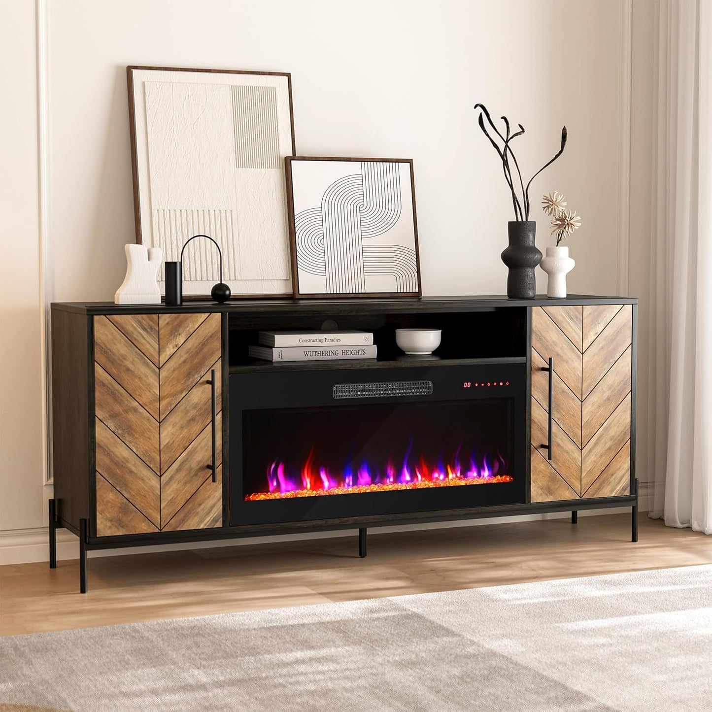 68" Entertainment Center with 36" Electric Fireplace Heater & Storage Cabinet, for Tv's up to 75" - Harper (Black Ebony)