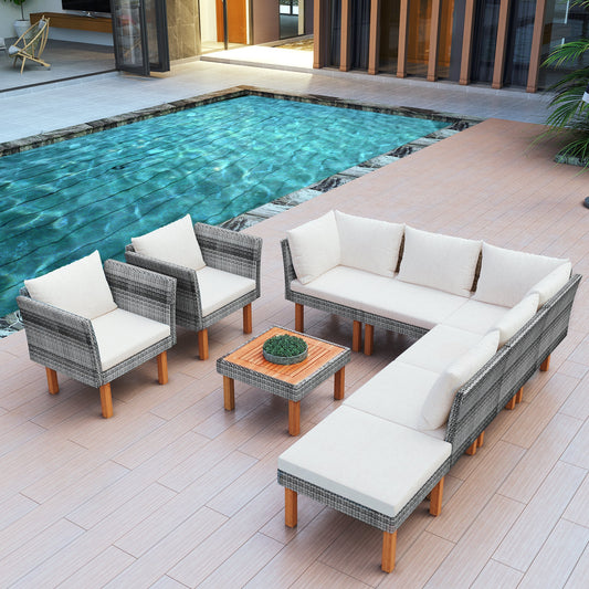 9-Piece Outdoor Gray PE Rattan Wicker Sofa Set