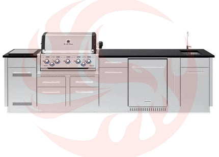 Broil King 10 1/2-Foot Outdoor Kitchen Island with Imperial S 590i 5-Burner Gas Grill, Rotisserie, Side Burner & Refrigerator (Left Orientation) - Phoenix Fire Art Store