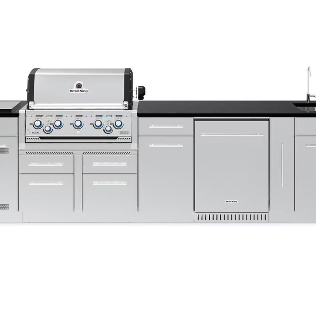 Broil King 10 1/2-Foot Outdoor Kitchen Island with Imperial S 590i 5-Burner Gas Grill, Rotisserie, Side Burner & Refrigerator (Left Orientation)