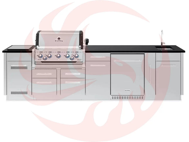 Broil King 10 1/2-Foot Outdoor Kitchen Island with Imperial S 590i 5-Burner Gas Grill, Rotisserie, Side Burner & Refrigerator (Left Orientation) - Phoenix Fire Art Store