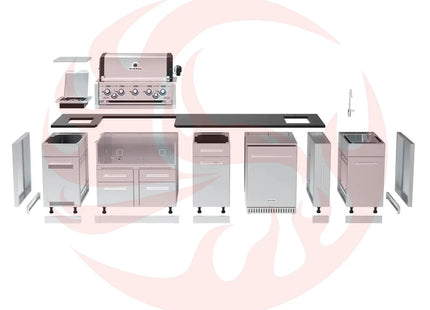 Broil King 10 1/2-Foot Outdoor Kitchen Island with Imperial S 590i 5-Burner Gas Grill, Rotisserie, Side Burner & Refrigerator (Left Orientation) - Phoenix Fire Art Store