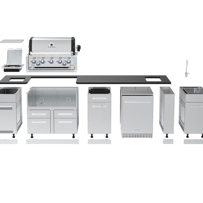 Broil King 10 1/2-Foot Outdoor Kitchen Island with Imperial S 590i 5-Burner Gas Grill, Rotisserie, Side Burner & Refrigerator (Left Orientation)