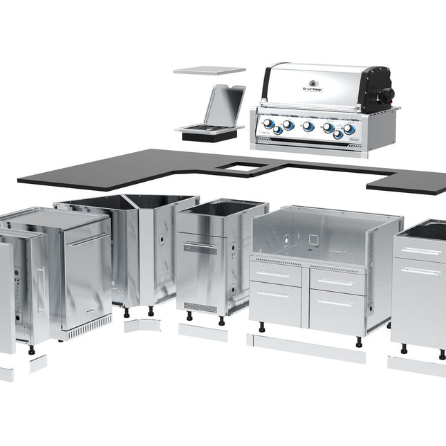 Broil King 70 x 111-Inch Outdoor Kitchen Island with Imperial S 590i 5-Burner Gas Grill, Rotisserie, Side Burner & Refrigerator