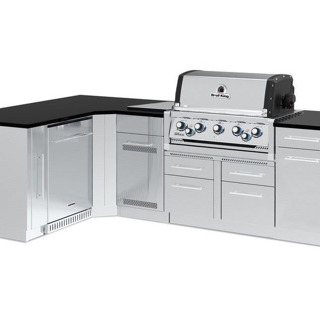 Broil King 70 x 111-Inch Outdoor Kitchen Island with Imperial S 590i 5-Burner Gas Grill, Rotisserie, Side Burner & Refrigerator