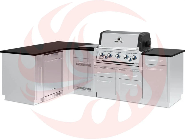 Broil King 70 x 111-Inch Outdoor Kitchen Island with Imperial S 590i 5-Burner Gas Grill, Rotisserie, Side Burner & Refrigerator - Phoenix Fire Art Store