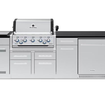 Broil King 9-Foot Outdoor Kitchen Island with Imperial S 590i 5-Burner Gas Grill, Rotisserie, Side Burner & Refrigerator