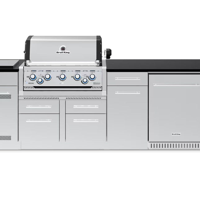 Broil King 9-Foot Outdoor Kitchen Island with Imperial S 590i 5-Burner Gas Grill, Rotisserie, Side Burner & Refrigerator