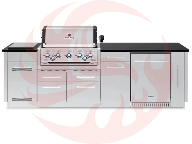 Broil King 9-Foot Outdoor Kitchen Island with Imperial S 590i 5-Burner Gas Grill, Rotisserie, Side Burner & Refrigerator - Phoenix Fire Art Store